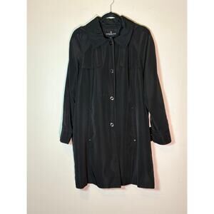 London Fog Women XL Black Hooded Trench Coat Lilac Lining Single Breasted Jacket